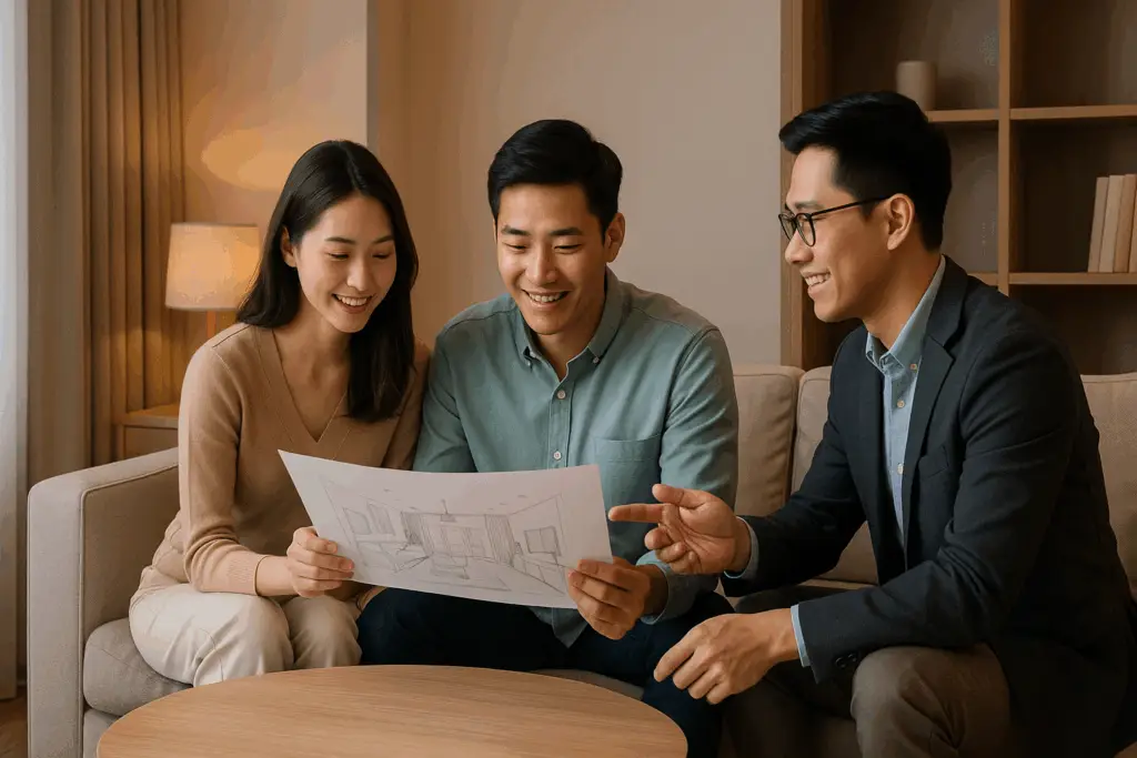 Cặp đôi trẻ người Việt cùng nhà thiết kế nội thất xem bản phác thảo trong phòng khách hiện đại, ánh sáng ấm áp, tông gỗ và pastel, không khí thân thiện và chuyên nghiệp tại TP.HCM