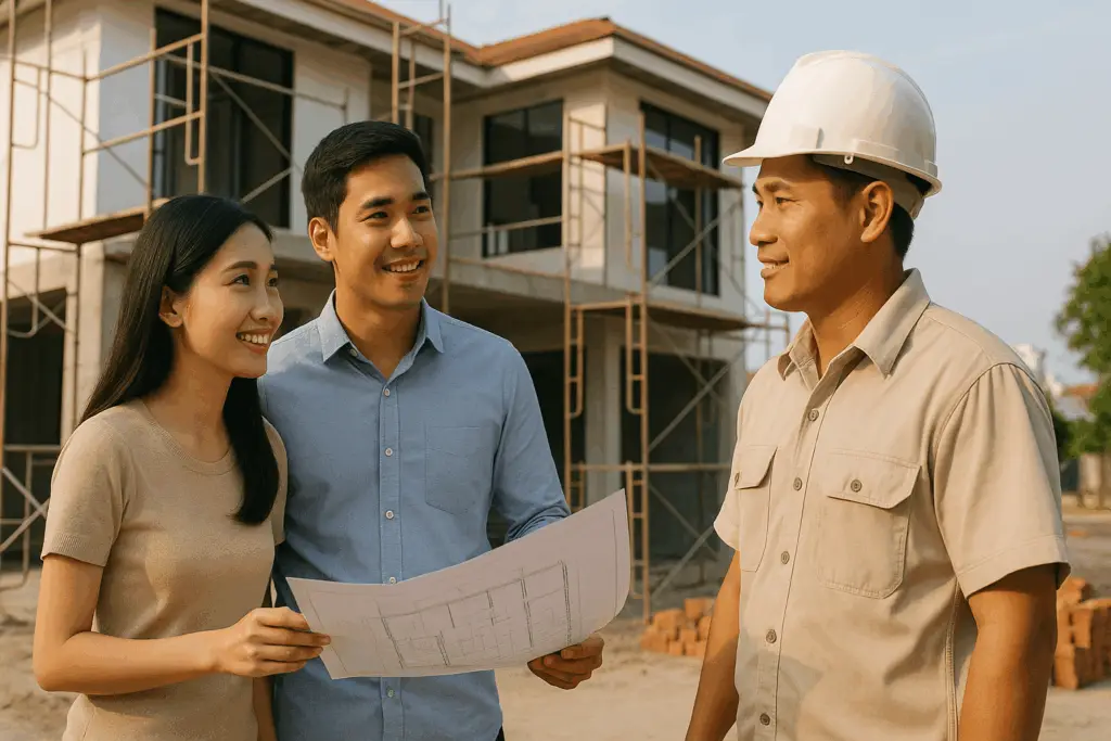 Cặp đôi Việt Nam trao đổi với nhà thầu về chi phí xây nhà trọn gói tại TP.HCM