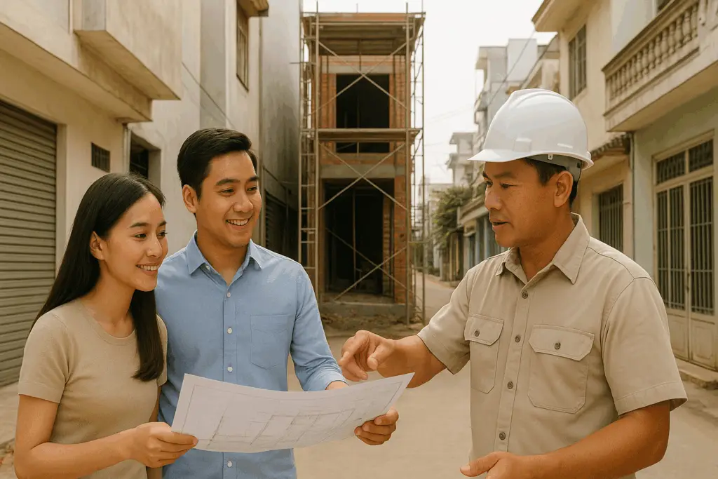 Cặp đôi trẻ xem bản vẽ với nhà thầu tại công trình xây nhà phố giữa đô thị Việt Nam