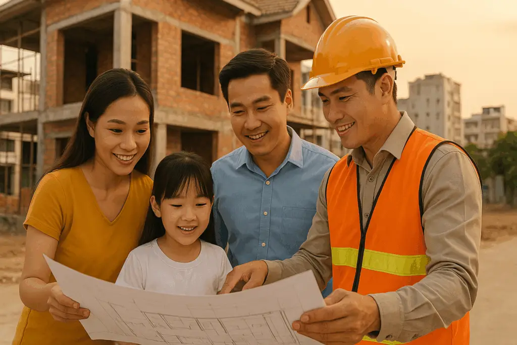 Gia đình Việt Nam hiện đại cùng nhà thầu xây dựng đang xem bản vẽ thiết kế tại công trình nhà đang xây ở TP.HCM, ánh sáng ấm áp, không khí tin tưởng và chuyên nghiệp