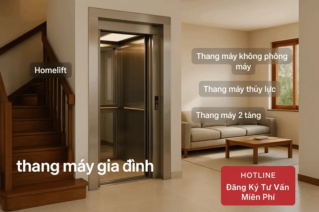 Nội thất nhà Việt hiện đại với thang máy gia đình nhỏ gọn bằng kính, khung thép không gỉ đặt cạnh cầu thang gỗ. Hình ảnh hiển thị các nhãn “Homelift”, “Thang máy không phòng máy”, “Thang máy thủy lực”, “Thang máy 2 tầng” và nút gọi hành động “Đăng Ký Tư Vấn Miễn Phí”.
