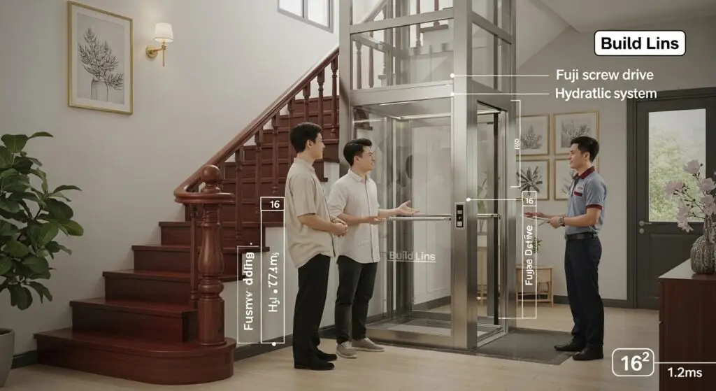 Ảnh banner thang máy mini gia đình lắp gọn trong nhà phố Việt Nam – nhỏ gọn, hiện đại, kỹ thuật viên Build Lins tư vấn.