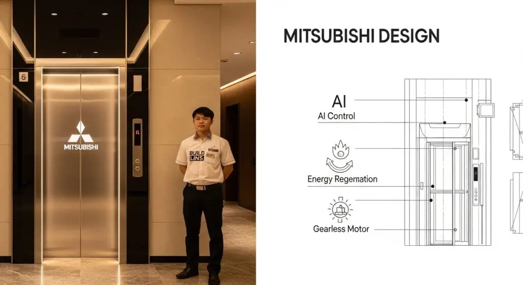 Ảnh banner sang trọng hiển thị thang máy Mitsubishi chính hãng trong sảnh tòa nhà hiện đại, có kỹ thuật viên Build Lins tư vấn bên cạnh.