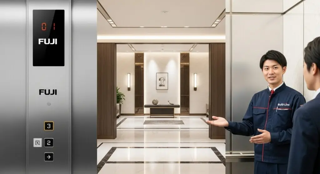 Thang máy Fuji hiện đại trong sảnh tòa nhà cao cấp, kỹ thuật viên Build Lins tư vấn khách hàng – biểu tượng cho công nghệ Nhật và dịch vụ chuyên nghiệp.
