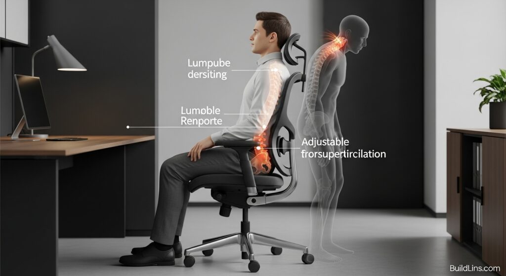 Minh họa ghế giám đốc công thái học hỗ trợ cột sống, giảm đau lưng và mỏi cổ cho người ngồi lâu trong môi trường làm việc căng thẳng.

