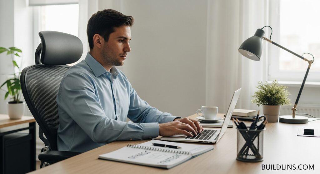Hình ảnh giám đốc ngồi trên ghế ergonomic cao cấp, tập trung làm việc trong văn phòng hiện đại, thể hiện sự thoải mái và hiệu suất cao.

