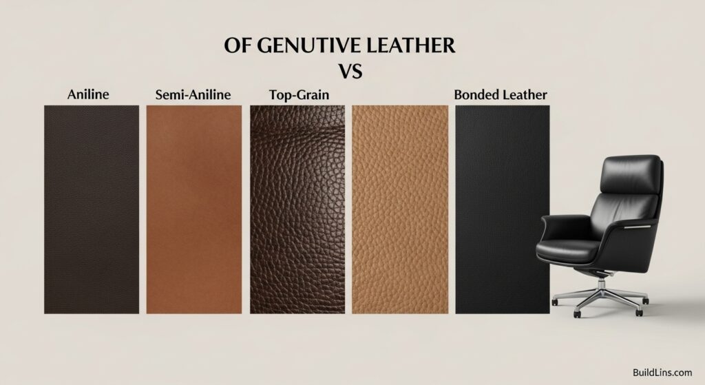 Hình ảnh so sánh các loại da thật gồm Aniline, Semi-Aniline, Top-Grain và Bonded Leather dùng cho ghế giám đốc cao cấp.

