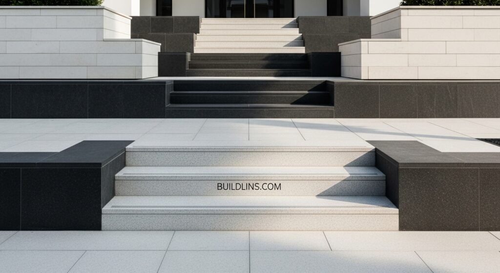 Bậc tam cấp đá granite hiện đại màu xám đen trắng trước nhà biệt thự sang trọng, phong cách tối giản

