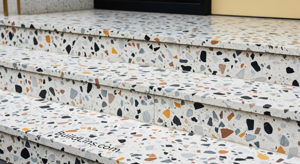 Bậc tam cấp đá mài terrazzo hiện đại với hoa văn nghệ thuật cá tính, phù hợp nhà phố phong cách retro

