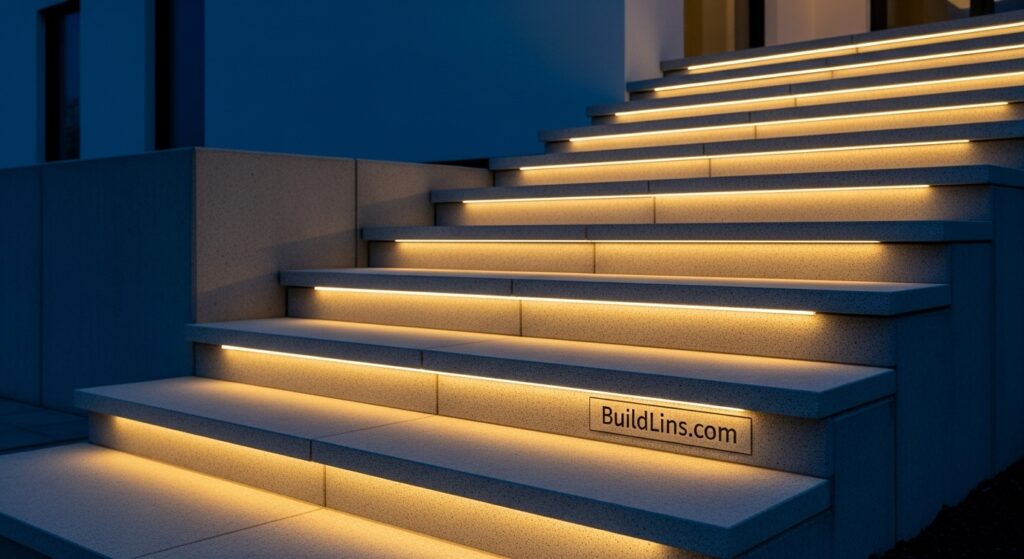 Bậc tam cấp có đèn LED âm bậc chiếu sáng hiện đại tăng tính an toàn và thẩm mỹ ban đêm

