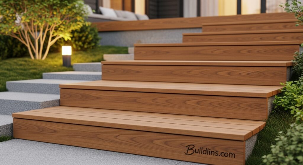 Bậc tam cấp gỗ nhựa ngoài trời WPC màu nâu ấm, phong cách mộc mạc sân vườn biệt thự nghỉ dưỡng

