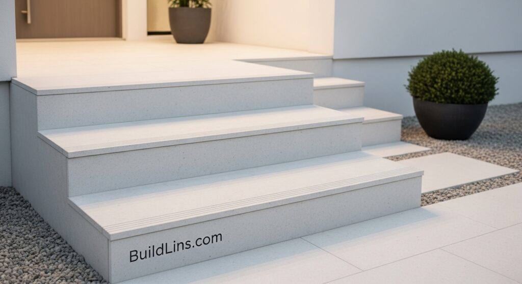 Bậc tam cấp tối giản phong cách Hàn Quốc với đá tự nhiên màu trung tính, đường nét thanh lịch hiện đại

